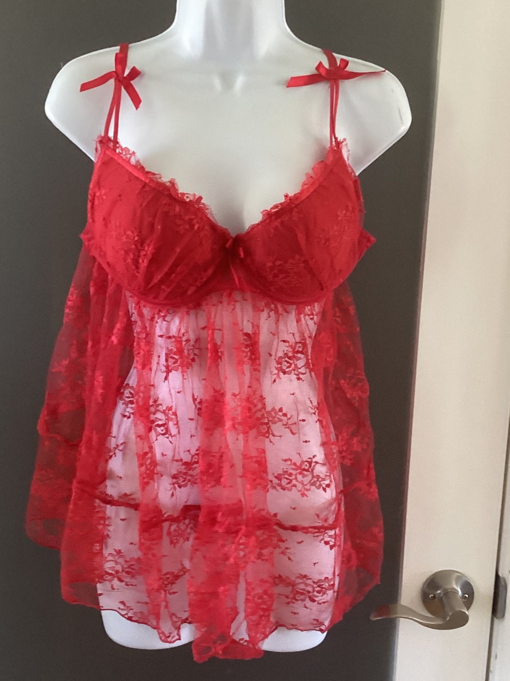 La Vie En Rose Red Lace Sheer Babydoll Chemise with Bow Straps